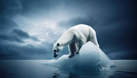 Generative AI technology. Pollution, polar bear at risk on melting ice.の素材