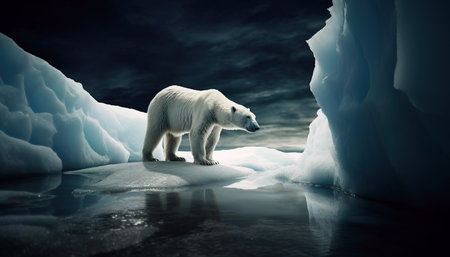 Generative AI technology. Pollution, polar bear at risk on melting ice.の素材