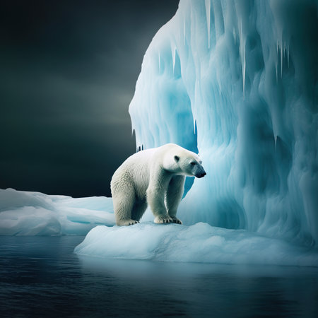 Generative AI technology. Pollution, polar bear at risk on melting ice.の素材