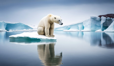 Generative AI technology. Pollution, polar bear at risk on melting ice.の素材
