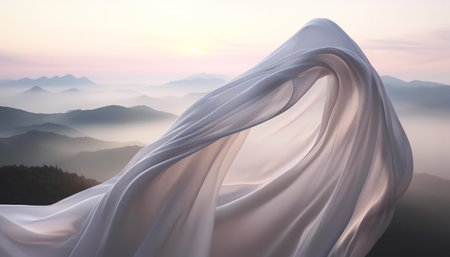 Generative AI technology.Cloth flying in the sky, the material of the soft clothの素材