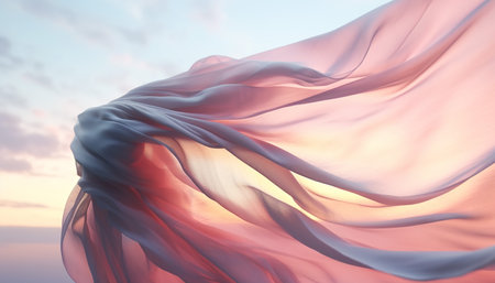 Generative AI technology.Cloth flying in the sky, the material of the soft clothの素材