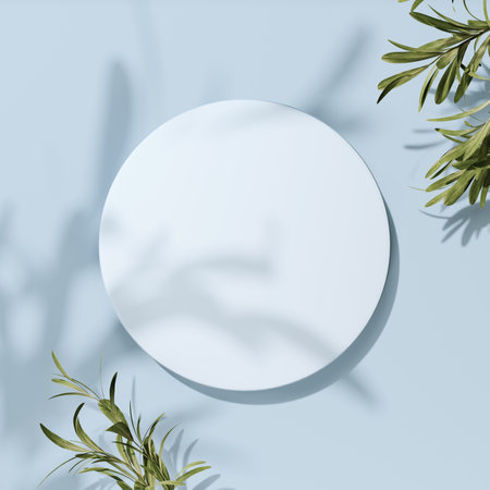 Creative layout made of fresh rosemary leaves on pastel blue background. Minimal summer concept. Flat lay, top view.の写真素材