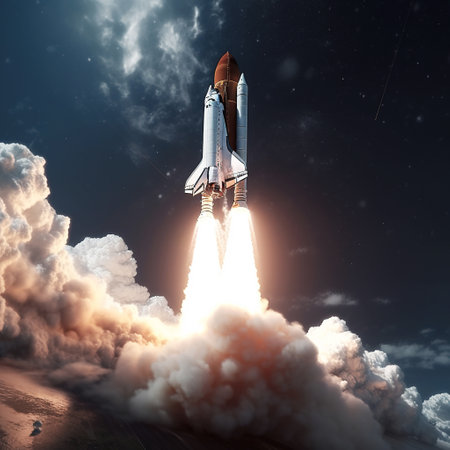 Space rocket flying high in the sky. 3d render illustration.の素材