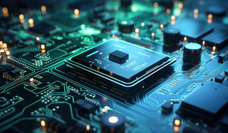 Close-up of electronic circuit board with processor. 3d renderingの素材
