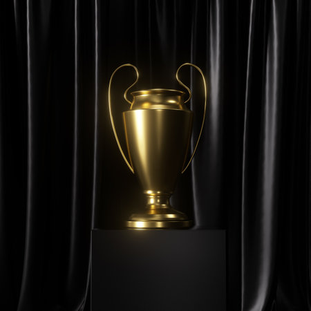 Golden trophy cup on black curtain background. 3d render illustration.の写真素材