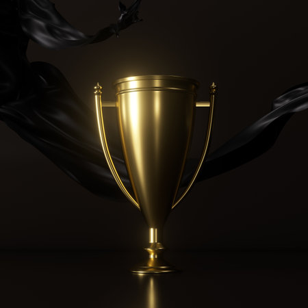 Golden trophy cup with black drapery on dark background. 3D renderingの写真素材