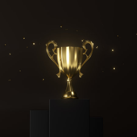 Golden trophy cup on black background. 3d render. Award conceptの写真素材