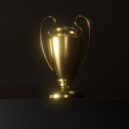 Golden trophy cup on black background. 3D rendering. Image contains clipping pathの写真素材