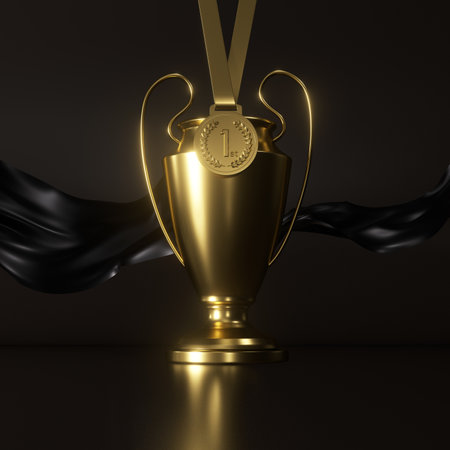 Golden trophy cup with golden ribbon on black background. 3D renderingの写真素材