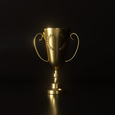 Golden trophy cup on dark background. 3D rendering. Image with clipping pathの写真素材