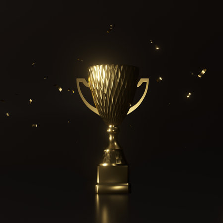 Golden trophy cup with confetti on dark background. 3d renderの写真素材