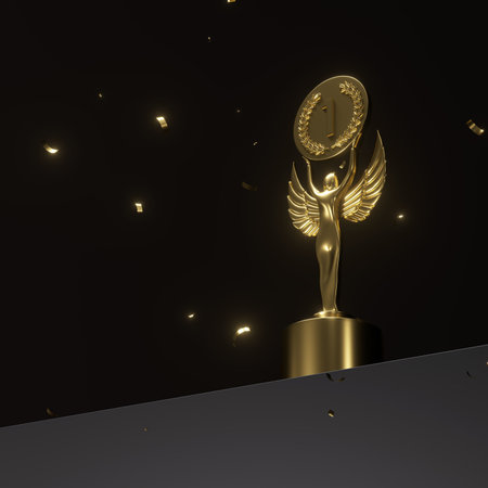 3D render of a golden trophy on a black background with confettiの写真素材