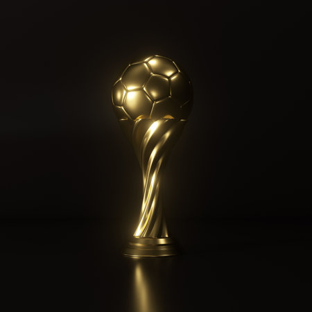 Golden trophy cup on black background. 3D rendering. Image contains clipping path.の写真素材