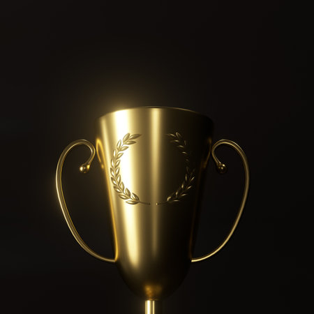 Golden trophy cup on black background. 3D rendering. Image contains clipping path.の写真素材
