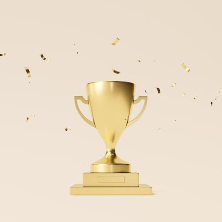 Golden trophy cup with confetti isolated on white background. 3d renderの写真素材