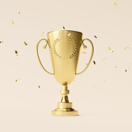 Golden trophy cup with confetti isolated on white background. 3d renderの写真素材