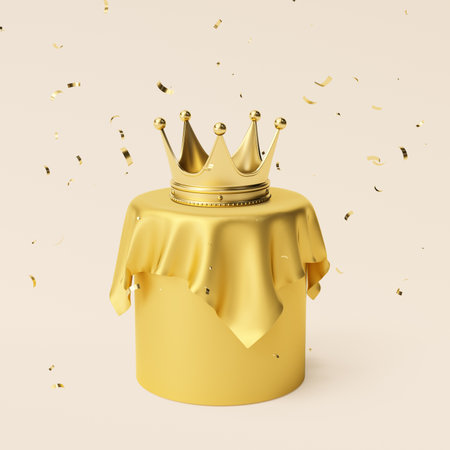 Golden crown on a pedestal with confetti. 3d renderingの写真素材