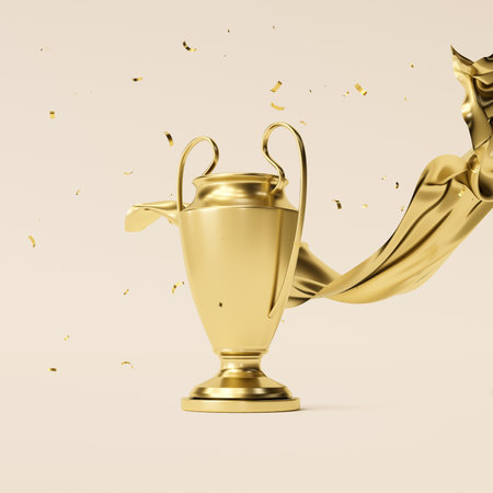 Golden trophy with confetti on a white background. 3d renderingの写真素材