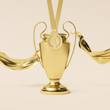 Golden trophy cup with gold ribbon on white background. 3D renderingの写真素材