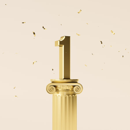 Golden number one on pedestal with confetti. 3D Renderの写真素材