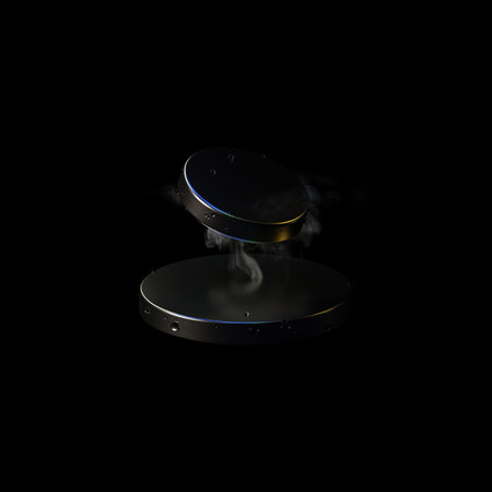 3d render levitating neodymium magnet. A levitating magnet over a superconductor filled with liquid nitrogenの写真素材