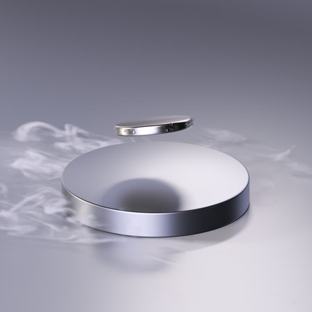 3d render levitating neodymium magnet. A levitating magnet over a superconductor filled with liquid nitrogenの写真素材