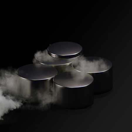 3d render levitating neodymium magnet. A levitating magnet over a superconductor filled with liquid nitrogenの写真素材