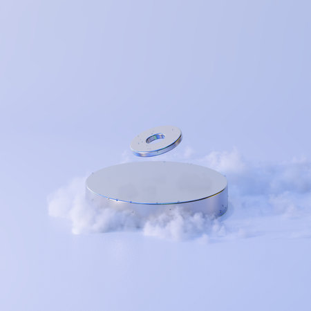3d render levitating neodymium magnet. A levitating magnet over a superconductor filled with liquid nitrogenの写真素材