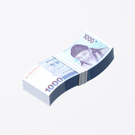 Currency of Korea, bundle of different types of paper currency. Korean money, won