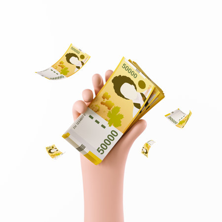 Hand holding money isolated on a white background. 3d illustration.の写真素材