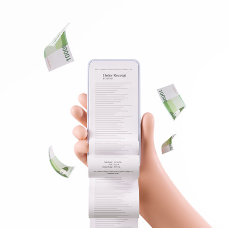 Hand holding mobile smart phone with euro bills flying out of screen isolated on white backgroundの写真素材