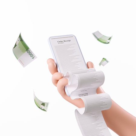 E-commerce concept. Hand holding smartphone and flying money isolated on white backgroundの写真素材