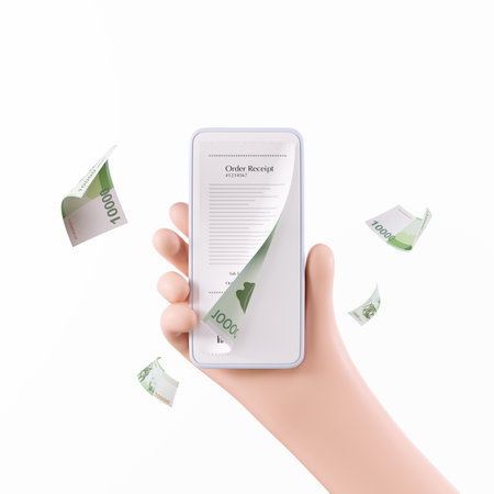 Hand holding smartphone with banknotes flying out of the screen isolated on white backgroundの写真素材