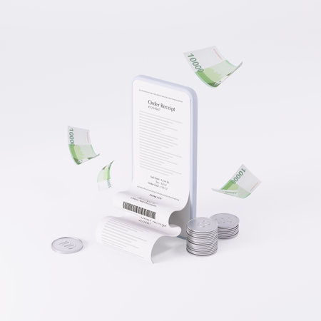 3D rendering of a smartphone with a receipt and coins on a white backgroundの写真素材