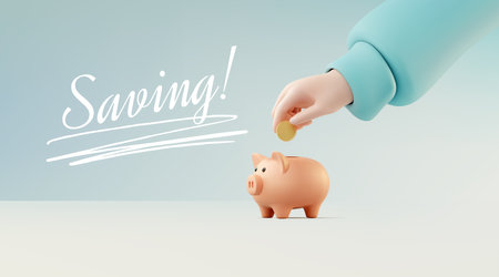 Hand putting coin into piggy bank. Saving concept. Vector illustrationのイラスト素材