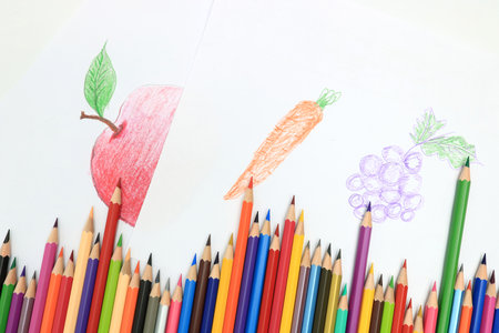 Draw apples, carrots, grapes using colored pencils. on paperの写真素材
