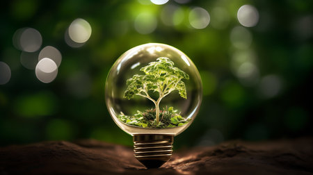 The bulb is located on the inside with leaves forest and the trees are in the light. Concepts of environmental conservation and global warmingの素材