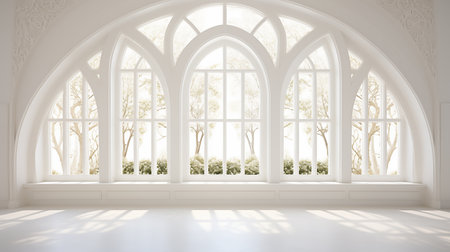 white room with arch and flowers in the wall and large windowの素材