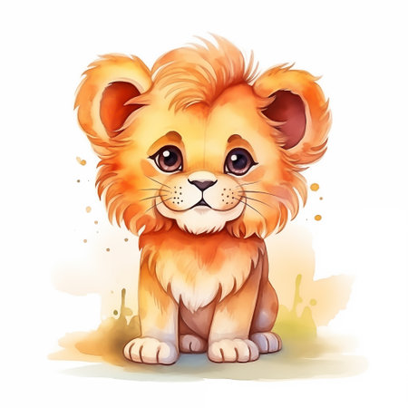 Lion baby watercolor in beautiful style. Animal wildlife holiday cartoon character. Poster design.の素材