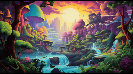 Digital fantasy forest landscape, Exploring Surreal Psychedelic Landscapesの素材