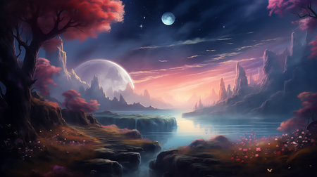 moon and trees on the edge, in the style of surreal dreamlike landscapes, naturalistic landscape backgrounds, Fantastic magical fairy tale landscape with moonの素材