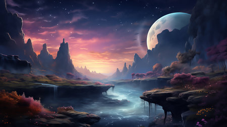 moon and trees on the edge, in the style of surreal dreamlike landscapes, naturalistic landscape backgrounds, Fantastic magical fairy tale landscape with moonの素材