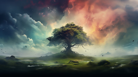 Twilight with a big tree and strong shadows the weather is cloudy. Detailed Mystical Beautiful Forest. in the style of digital fantasy landscapesの素材