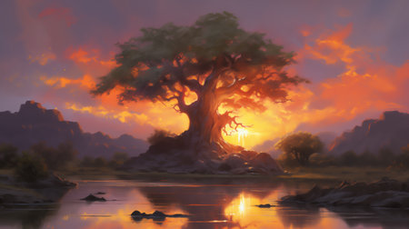 Surreal Landscapes, sunset artwork of a blazing tree lighting a lake. The dramatic attraction of the scenarioの素材