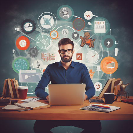 Business man with multitasking skills sitting at desktop with office icons on a background. Freelance worker. Multitasking, time management and productivity concept.の素材