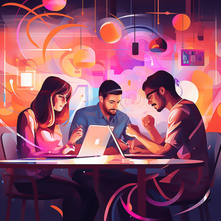 Concept of teamwork and collaboration in a corporate, featuring a diverse group of professionals brainstorming and working togetherの素材