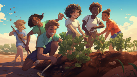 Multiracial, diverse group of children planting fruit trees. Ecology activists, Environment activism and earth day concept.の素材