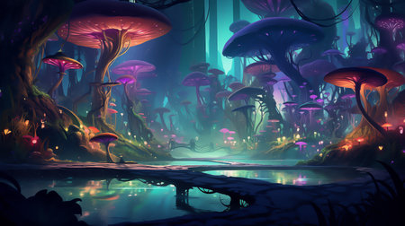 Design an abstract and dreamlike portrayal of a beautiful morning in the cartoon jungle, incorporating surreal elements like floating islands, and whimsical creaturesの素材