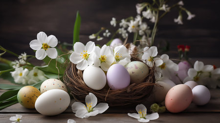 Multi-colored Easter eggs, painted Easter eggs set decoration flowers, Joyful holiday background.の素材